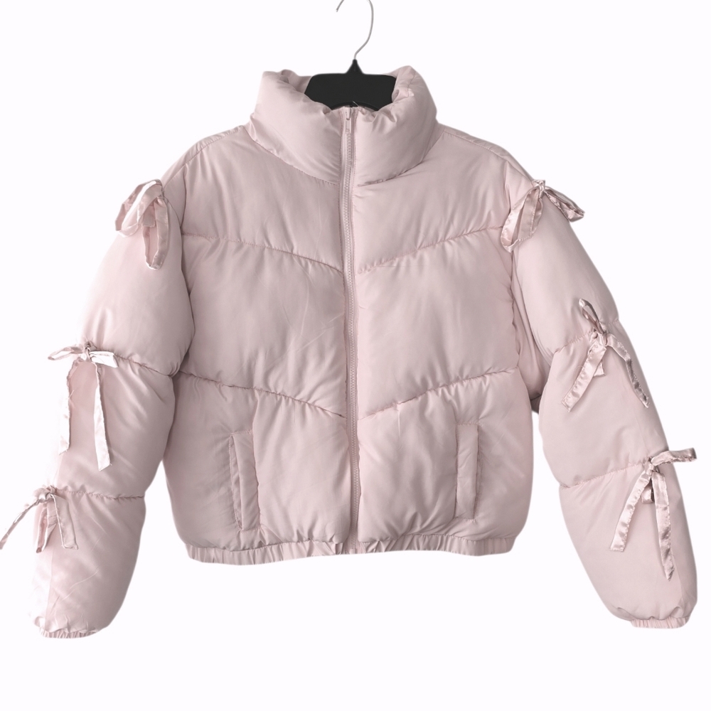 Madden Girl Pastel Pink Satin Bow Puffer Jacket Large Juniors/Women's Coquette
